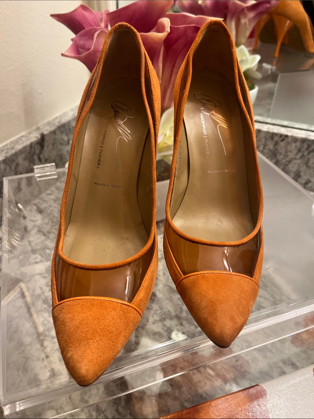 Donald J. Pliner Orange Suede and PVC Pointed-Toe Pumps